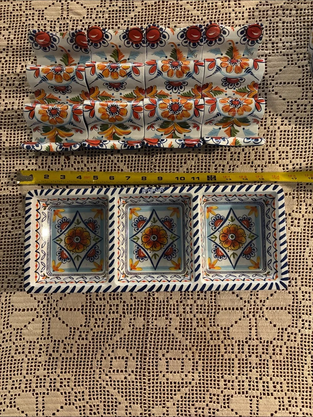 Taco night serving dishes. Blue, Orange & Yellow floral motif with blue base.